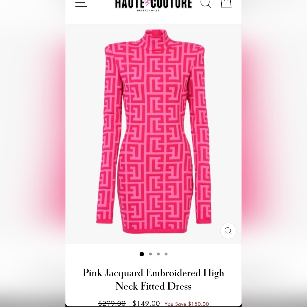 Pink Jacquard Embroidered high neck fitted dress